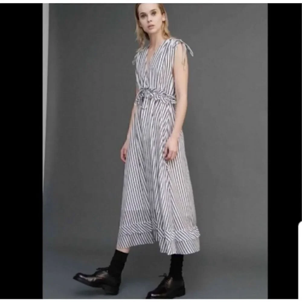 Robert Rodriguez XS Tiered Midi Dress Gold White Stripe Coastal Lagenlook New